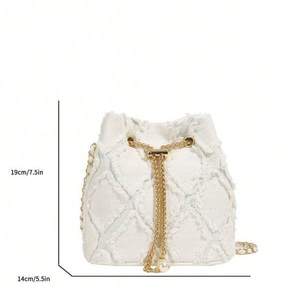 White Casual Women's Rhinestone Lattice Shoulder Bucket Bag - Picture 3 of 6